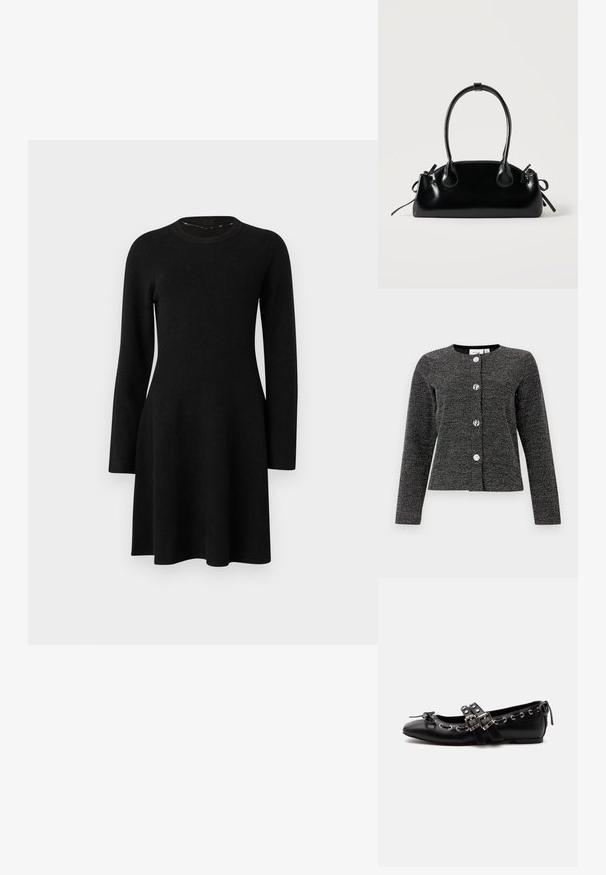 Veste texturée noire et argentée avec un col rond, des manches longues et quatre boutons brillants bien en vue sur le devant.; Robe noire à manches longues en tissu doux. Dotée d'un col rond, d'un corsage ajusté et d'une jupe évasée, avec une texture lisse. Sans motifs ni accents.; Chaussure de ballet plate noire avec doubles brides à boucle, œillets argentés et petit nœud près de l’orteil arrondi sur fond blanc.; Petit sac à main noir brillant avec deux longues anses et des détails à cordon sur les côtés sur un fond clair uni.