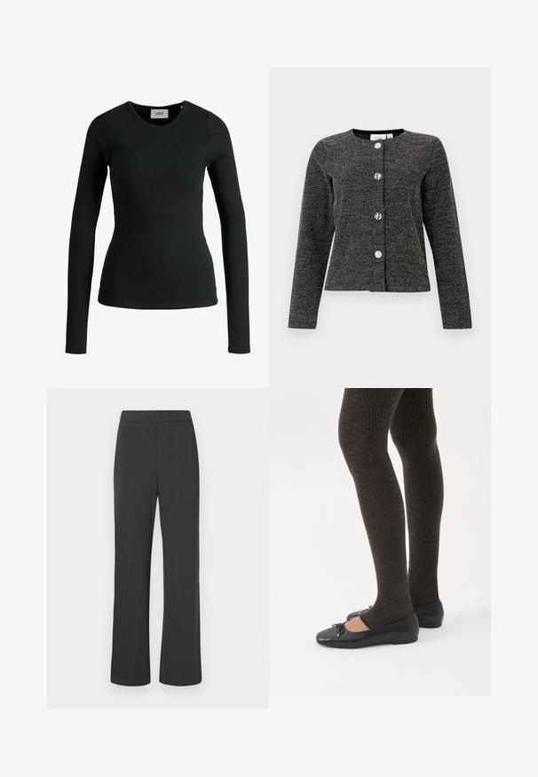 Veste texturée noire et argentée avec un col rond, des manches longues et quatre boutons brillants bien en vue sur le devant.; T-shirt à manches longues noir en tissu côtelé extensible avec un col rond. Présente une construction sans coutures et un design ajusté.; Pantalon noir à rayures verticales avec un design à jambe droite, doté d'une taille élastique et d'un tissu lisse et texturé.; Jambes portant des leggings côtelés foncés associés à des ballerines noires avec de petits détails en nœud sur fond blanc.