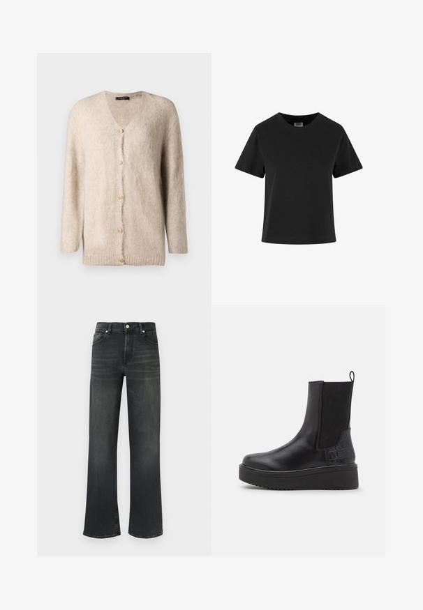 Hellbeige Strickjacke aus weichem, flauschigem Material. Mit V-Ausschnitt, langen Ärmeln und sechs dekorativen goldenen Knöpfen auf der Vorderseite.; Schwarzes Baumwoll-T-Shirt mit kurzen Ärmeln, Rundhalsausschnitt und lockerer Passform. Glatte Textur und keine sichtbaren Muster oder Verzierungen.; Schwarze Jeans aus Denim mit hoher Taille und weitem Bein. Verfügt über fünf Taschen und einen Knopfverschluss sowie dezente Verwaschungen im Stoff.; Schwarze Leder-Stiefeletten mit elastischen Seitenpaneelen, strukturierten Akzenten im Krokodilsmuster, kräftiger Plattformsohle und Ziehschlaufe.
