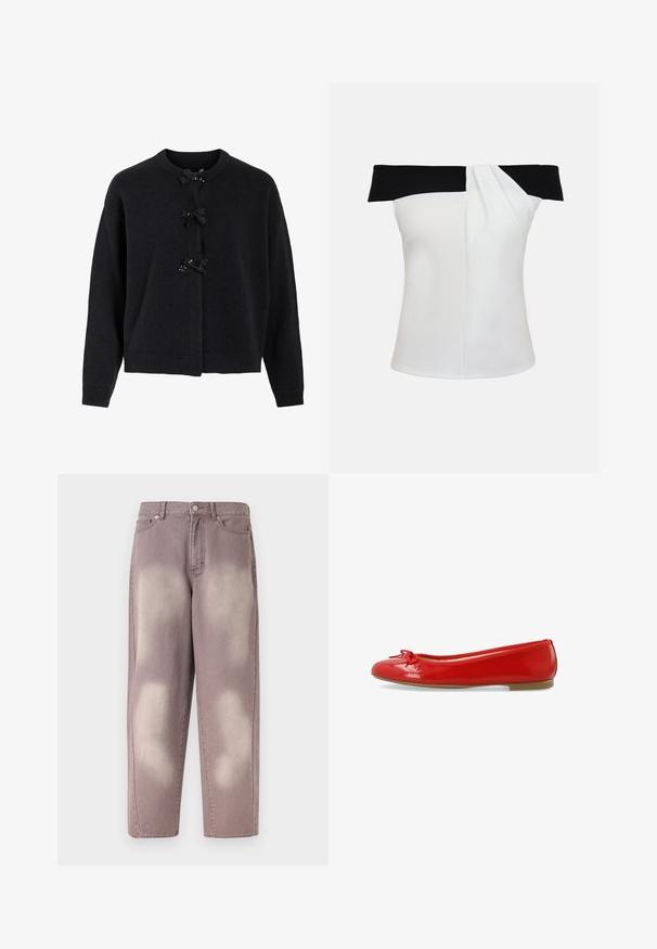 Gilet en maille noire avec un col rond et trois boutons décorés de nœuds noirs et de sequins. Coupe décontractée avec des poignets côtelés.; Haut blanc épaules dénudées sans manches avec une bande noire le long de l'encolure et un détail plissé subtil sur un côté.; Jean en denim délavé violet, taille haute, fermeture par bouton, avec deux poches avant, présenté sur un fond uni.; Ballerines en cuir verni rouge avec un bout arrondi, un nœud sur le devant et une semelle en caoutchouc beige basse. Texture de surface lisse.