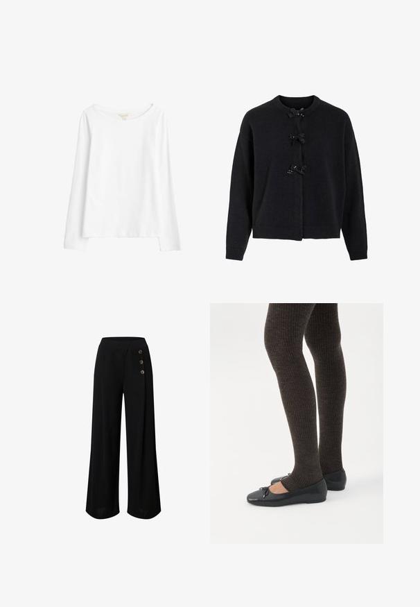 Zwarte gebreide cardigan met een ronde halslijn en drie versierde knopen met zwarte strikjes en pailletten. Ontspannen pasvorm met geribde manchetten.; Seasalt Cornwall Longsleeve - white salt; EDITED JAMIE TROUSERS - Broek - schwarz; Benen met donkere geribbelde leggings gecombineerd met zwarte ballerina's met kleine strikdetails op een witte achtergrond.