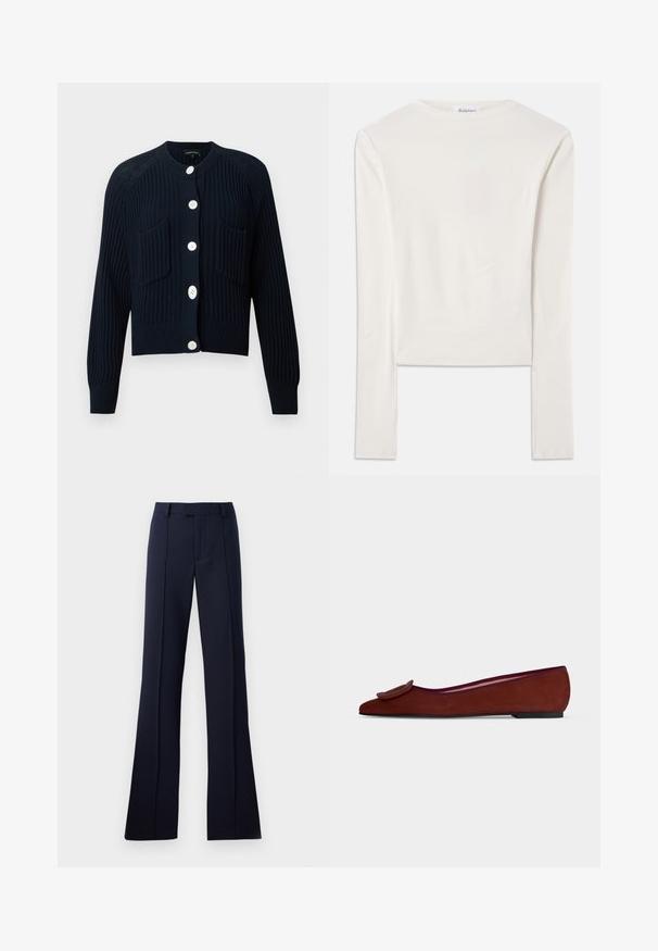 Marineblauw geribd vest met lange mouwen, ronde halslijn en vijf witte knopen. Voorzien van twee zakken aan de voorkant en een gestructureerd gebreid ontwerp.; Witte lange mouw top van katoen, met een eenvoudige ronde hals en een slim fit. De stof is glad met een lichte stretch.; Navyblauwe, uitlopende broek gemaakt van een gladde stof. Heeft een platte voorkant, riemlussen en persplooien. Geen zichtbare patronen of accenten.; Platte bruine suède damesschoen met spitse neus en grote decoratieve gesp bovenop tegen een effen achtergrond.