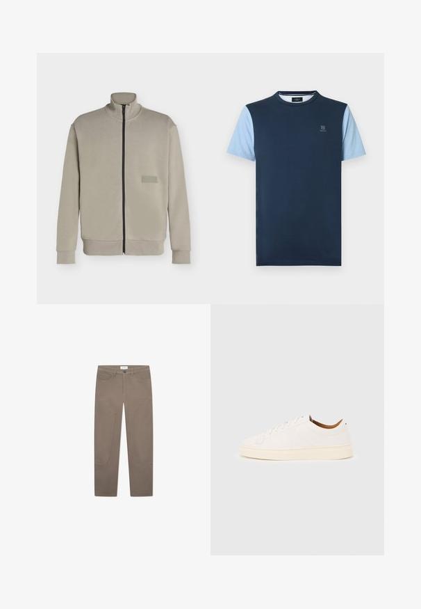 Beige jakke med lynlås, høj krave, lange ærmer og et lille rektangulært logopatch på venstre bryst med teksten "BOSS".; Marineblå t-shirt med korte lyseblå ærmer, rund halsudskæring og et lille logo på brystet. Bomuldsmateriale med en glat tekstur.; Brune bukser med lige snit, der har forlommer og accentuerende syninger langs siderne for ekstra detaljer og tekstur.; Hvid lavtop-sneakers med snørelukning, minimale syningsdetaljer og en cremefarvet sål på en lysegrå baggrund.
