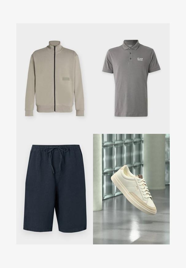 Beige jack met ritssluiting, hoge kraag, lange mouwen en een klein rechthoekig logopatch op de linkerborst met de tekst "BOSS".; Grijs polohemd met korte mouwen, drie knopen en wit "EA7 Emporio Armani" logo op de linkerborst.; Donkerblauwe linnen shorts met een elastische tailleband en een verstelbaar koord. Voorzien van zijzakken en een relaxte pasvorm.; Witte lage sneaker met beige accenten en veters, met het merk "BOSS", zwevend boven een gepolijste vloer met een glasblokken muur op de achtergrond.