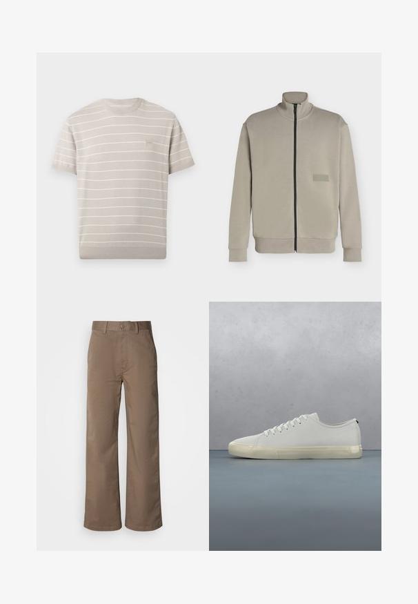Veste beige à fermeture éclair avec col montant, manches longues et petit patch logo rectangulaire sur la poitrine gauche indiquant "BOSS".; Chemise en maille beige clair à manches courtes avec de fines rayures blanches horizontales et un petit écusson carré avec logo sur le côté gauche de la poitrine.; Pantalons larges beige en mélange de coton doux, avec une fermeture par bouton, des passants de ceinture et sans motifs visibles. Texture lisse.; Baskets en cuir blanc avec lacets flottant au-dessus de carreaux en bois carrés et de petits cailloux, avec un arbre et un fond gris.