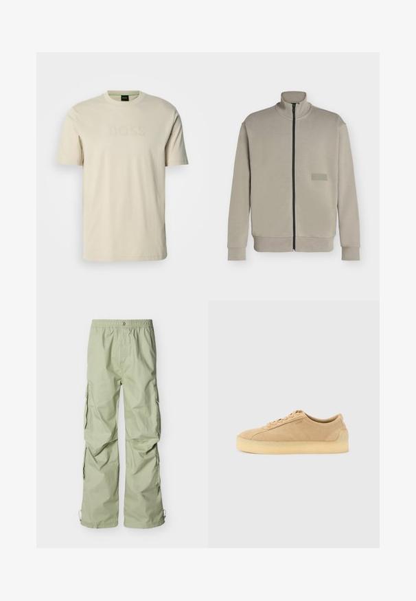 Veste beige à fermeture éclair avec col montant, manches longues et petit patch logo rectangulaire sur la poitrine gauche indiquant "BOSS".; T-shirt couleur crème en coton, avec un col rond et des manches courtes. Le logo "BOSS" est embossé sur le devant. Texture lisse.; Pantalon cargo vert clair avec une taille élastique, des poches latérales et une coupe décontractée. Le tissu présente une texture lisse et un léger éclat.; Baskets basses en daim beige avec semelle épaisse en gomme, fermeture à lacets à l'avant, et logo discret sur le côté, sur un fond uni gris clair.