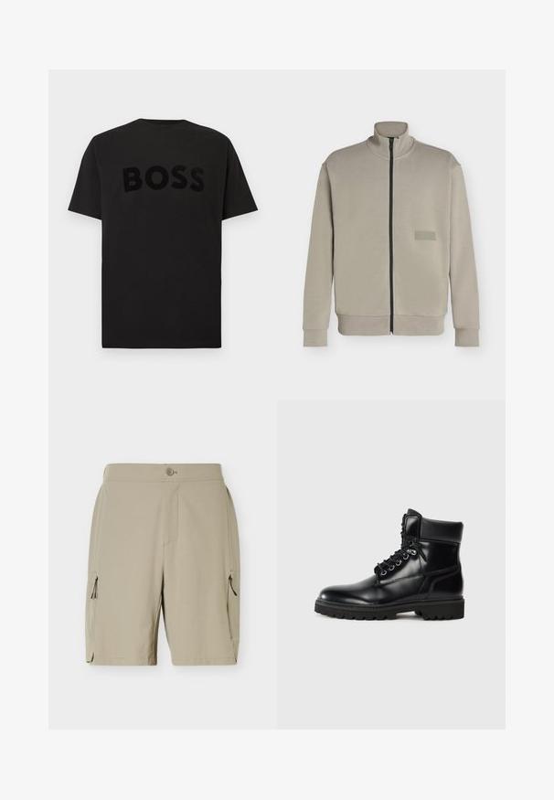 Veste beige à fermeture éclair avec col montant, manches longues et petit patch logo rectangulaire sur la poitrine gauche indiquant "BOSS".; T-shirt en coton noir arborant le mot « BOSS » dans un design texturé et légèrement en relief. Col rond classique et manches courtes.; Shorts beiges mi-genoux avec fermeture à boutons et poches zippées de chaque côté, conçus pour un usage décontracté ou en plein air.; Bottine en cuir noir avec une finition brillante, design à lacets, col rembourré et semelle en caoutchouc robuste avec des grips de traction.