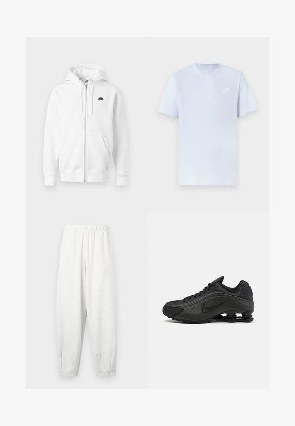 Weißer Hoodie mit Reißverschluss aus weicher Baumwollmischung. Verfügt über ein schwarzes Nike-Logo, Vordertaschen und eine verstellbare Kapuze mit Kordelzug. Glatte Textur.; Hellblaue Baumwoll-T-Shirt mit kurzen Ärmeln, Rundhalsausschnitt und einem weißen Nike-Logo, das auf der linken Brust gedruckt ist. Glatte Textur, schlichtes Design.; Hellgraue Sweatpants aus weichem Stoff, mit einem elastischen Bund, schmal zulaufenden Beinen und Fußbündchen. Einfaches Design ohne Muster.; Schwarze Laufschuhe mit einem glatten synthetischen Obermaterial, durchbrochenen Akzenten, strukturierten Seitenpaneelen und einer ausgeprägten federnden Sohle.