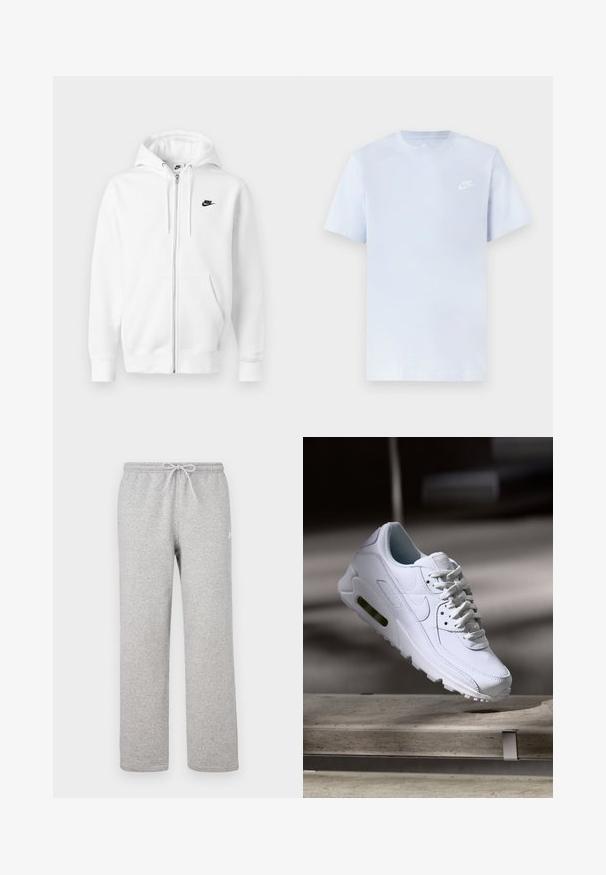 Witte hoodie met ritssluiting gemaakt van een zachte katoenmix. Voorzien van een zwart Nike-logo, voorzakken en een verstelbare capuchon met trekkoord. Gladde textuur.; Lichtblauwe katoenen t-shirt met korte mouwen, ronde hals en een wit Nike-logo gedrukt op de linkerborst. Glad textuur, eenvoudig ontwerp.; Grijze joggingbroek met een elastische tailleband en trekkoord. Gemaakt van zachte stof, met rechte pijpen en subtiel logodetail.; Witte leren sneaker met gestructureerde oppervlakken, gevoerde kraag en zichtbare luchtbescherming in de zool. Heeft veters en een minimalistisch ontwerp.