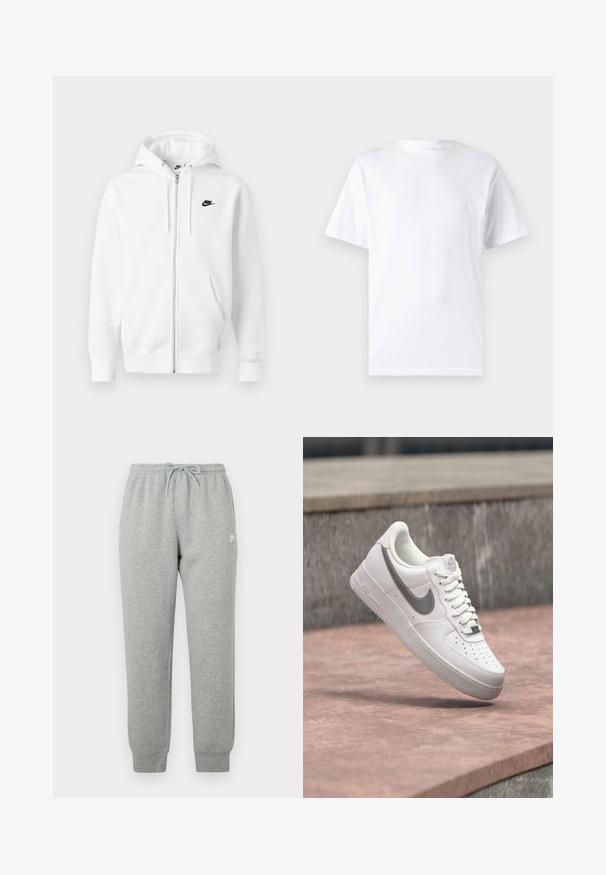 Valge ees lukuga kapuutsiga pusa, valmistatud pehmest puuvillasegust. Omab musta Nike logo, ees taskud ja reguleeritava nööriga kapuuts. Sile tekstuur.; Valge lühikeste varrukatega T-paita, mis on valmistatud puuvillast, laheda kaelusega. T-särk on sileda tekstuuri ja lihtsa disainiga, ilma mustrite või aksessuaarideta.; Hallid dressipüksid, mis on valmistatud pehmest kangast, varustatud elastse vöökohaga paelaga, kitsenevate säärtega ning väikese valge logoga külje peal.; Valge Nike Air Force 1 toss hallika Nike logoga, hõljumas kivil pinnal ja halli kivitahvli taustal.