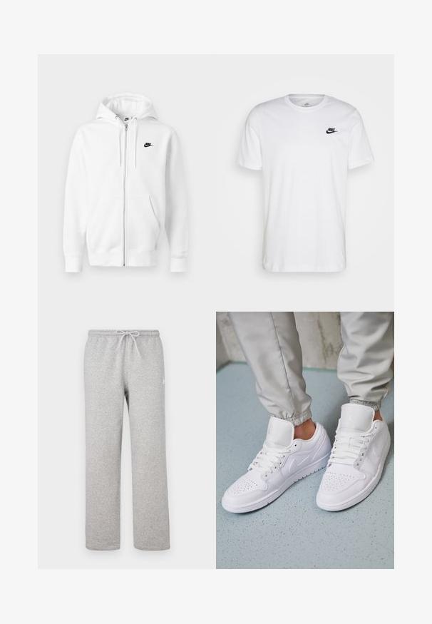 Weißer Hoodie mit Reißverschluss aus weicher Baumwollmischung. Verfügt über ein schwarzes Nike-Logo, Vordertaschen und eine verstellbare Kapuze mit Kordelzug. Glatte Textur.; Weißes Baumwoll-T-Shirt mit Rundhalsausschnitt, kurzen Ärmeln und einem schwarzen Nike-Logo auf der linken Brust. Einfaches, einfarbiges Design.; Graue Jogginghosen mit einem elastischen Bund und Kordelzug. Hergestellt aus weichem Stoff, zeichnen sie sich durch gerade Beine und ein dezentes Logodetail aus.; Weiße Ledersneaker mit perforierter Zehenbox, flachen Schnürsenkeln, gepolstertem Kragen und dem Jordan-Logo auf der Zunge. Getragen mit grauen Jogginghosen.