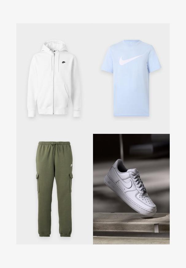 Sudadera blanca con cremallera hecha de una mezcla suave de algodón. Cuenta con un logo negro de Nike, bolsillos frontales y capucha con cordón ajustable. Textura suave.; Camiseta de manga corta color azul claro con un gran logo blanco de Nike Swoosh centrado en el frente sobre un fondo liso.; Pantalones cargo verde oliva con cintura elástica, cierre con cordón, bolsillos laterales y logotipo de la marca en el muslo. Tejido suave de mezcla de algodón.; Zapatilla Nike Air Force 1 de cuero blanco que presenta una puntera perforada, cordones planos y una suela de goma texturizada con la marca "AIR" en el lateral.