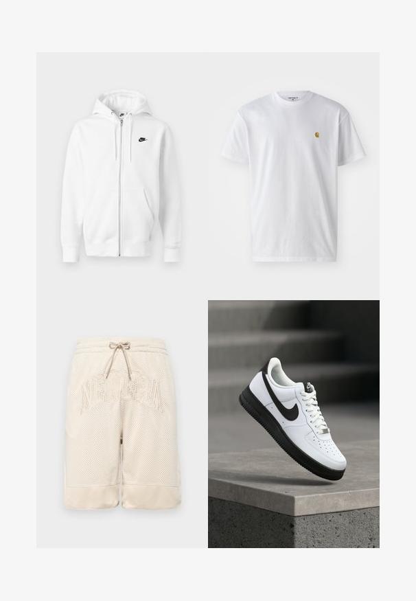 Weißer Hoodie mit Reißverschluss aus weicher Baumwollmischung. Verfügt über ein schwarzes Nike-Logo, Vordertaschen und eine verstellbare Kapuze mit Kordelzug. Glatte Textur.; Weißes Baumwoll-T-Shirt mit kurzen Ärmeln, Rundhalsausschnitt, mit einem kleinen goldenen Logo im linken Brustbereich. Weicher Stoff und normale Passform.; Beige Netzshorts mit strukturierten Oberflächen, ausgestattet mit einem Kordelzugbund und dem auffällig auf der Vorderseite gestickten "NEWERA"-Logo.; Weißer Ledersneaker mit schwarzen Akzenten, abgerundetem Zehenbereich und perforierten Details. Schwarze Gummisohle mit strukturiertem Muster und Schnürverschluss.