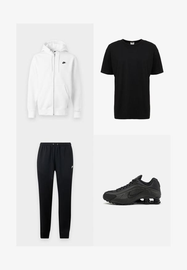 Hvid lynlåshættejakke lavet af blødt bomuldsblend. Har et sort Nike-logo, forlommer og justerbar snøre i hætten. Glat tekstur.; Sort bomulds t-shirt med rund hals, korte ærmer, standard pasform, glat tekstur og ingen synlige mønstre eller detaljer.; Sorte sweatshirtbukser lavet af blødt stof, med elastisk talje og snoretræk, ribbede ankler og en lille logo-detalje på siden.; Sorte løbesko med en glat syntetisk overdel, perforerede detaljer, teksturerede sidedele og en distinkt fjedrende sål.