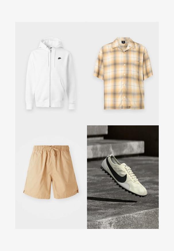 Biela mikina na zips vyrobená z mäkkej bavlnenej zmesi. Má čierne logo Nike, predné vrecká a nastaviteľnú kapucňu so sťahovacou šnúrkou. Jemná textúra.; Košeľa s krátkym rukávom na zapínanie na gombíky so žlto-bežovo-hnedým károvaným vzorom a jedným náprsným vreckom, položená na bielom pozadí.; Béžové plavky s elastickým pásom a šnúrkou. Vyrobené z ľahkého materiálu, s bočnými vreckami a diskrétnym logom.; Biela teniska Nike s čiernym logom Swoosh, šnúrkami a gumovou podrážkou s trakciou, zobrazená vo vzduchu nad betónovým schodiskom.