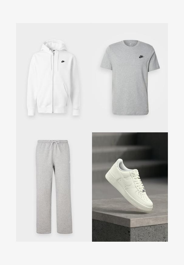 Sudadera blanca con cremallera hecha de una mezcla suave de algodón. Cuenta con un logo negro de Nike, bolsillos frontales y capucha con cordón ajustable. Textura suave.; Camiseta de manga corta gris de algodón, con un logo negro de Nike en el pecho y un cuello redondo. Diseño minimalista sin patrones.; Pantalones deportivos grises con cintura elástica y cordón ajustable. Fabricados con tela suave, cuentan con piernas rectas y un sutil detalle de logotipo.; Zapatilla deportiva de cuero blanco con diseño de perfil bajo, superficie texturizada, perforaciones en la punta y detalles plateados en los cordones y la marca.