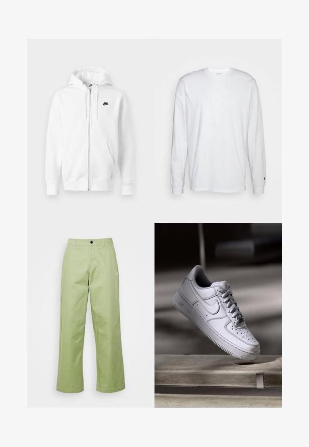 Valge ees lukuga kapuutsiga pusa, valmistatud pehmest puuvillasegust. Omab musta Nike logo, ees taskud ja reguleeritava nööriga kapuuts. Sile tekstuur.; Valge pika varrukaga T-särk, mis on valmistatud puuvillast. Ümmargune kaelus, ribaga mansetid ja väike logo vasakul varrukal. Sile tekstuur.; Kerged hele roheline lai jalgadega püksid, mis on valmistatud siledast materjalist ning millel on nööpkinni. Ees on väikene Nike logo.; Valge nahast Nike Air Force 1 tennisejalanõu, millel on perforatsiooniga varvas, lamedad paelad ja tekstureeritud kummist tallaga, millel on küljele märgitud "AIR".