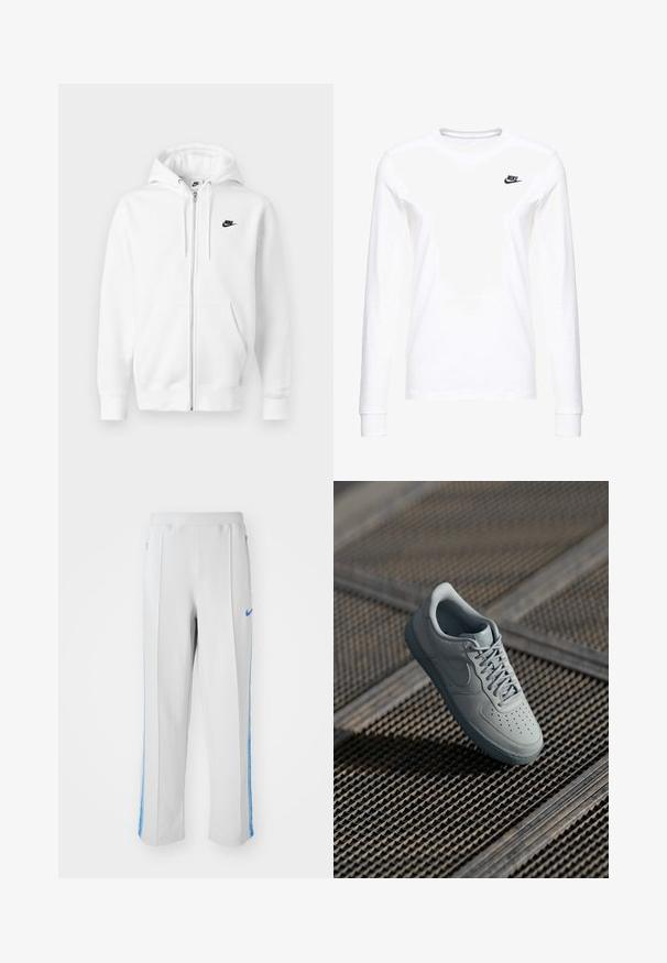 Hvid lynlåshættejakke lavet af blødt bomuldsblend. Har et sort Nike-logo, forlommer og justerbar snøre i hætten. Glat tekstur.; Hvid langærmet T-shirt lavet af bomuld, med et lille sort Nike-logo på venstre bryst og en rund halsudskæring. Glat tekstur.; Lys grå sportsbukser med blå sidelister, der har en afslappet pasform, elastisk talje og lynlåslommer. Nike-logo foran.; Grå lædersneaker med perforeret tå, flade snørebånd, polstret krave og struktureret gummisål. Har en subtil brandingdetalje.
