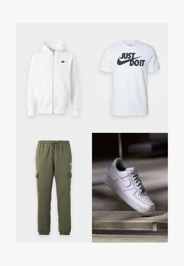Witte hoodie met ritssluiting gemaakt van een zachte katoenmix. Voorzien van een zwart Nike-logo, voorzakken en een verstelbare capuchon met trekkoord. Gladde textuur.; Witte katoenen t-shirt met een opvallend zwart "Just Do It" logo en de Nike swoosh. Klassiek crew neck ontwerp met korte mouwen.; Olijfgroene cargobroek met elastische tailleband, trekkoordsluiting, zijzakken en een logo op de dij. Gladde katoenmix stof.; Witte Nike Air Force 1 sneaker van leer met geperforeerde neus, platte veters en een gestructureerde rubberen zool met "AIR"-logo aan de zijkant.