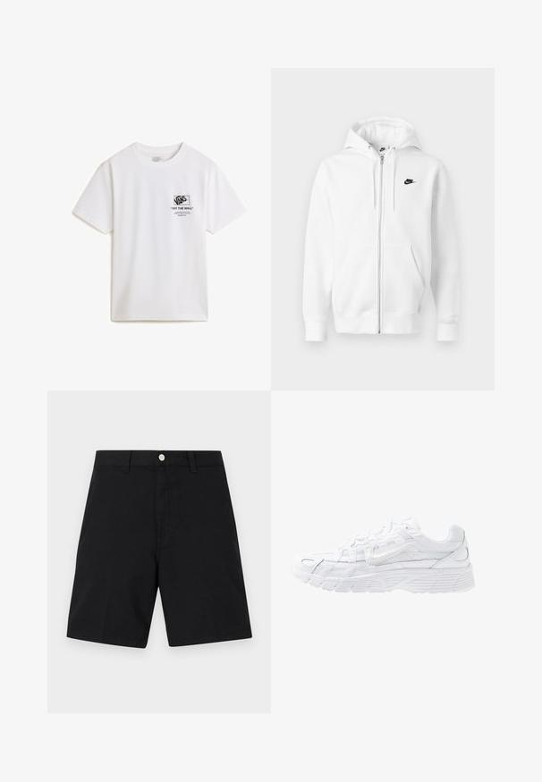 Valkoinen vetoketjullinen huppari, valmistettu pehmeästä puuvillasekoitteesta. Varustettu mustalla Nike-logolla, etutaskuilla ja säädettävällä kiristysnauhalla hupussa. Sileä pinta.; Valkoinen puuvillapaita lyhyillä hihoilla, jossa on musta graafinen painatus vasemmalla puolella, johon kuuluu Vans-logo ja tekstiedot.; Mustat puuvillashortsit, joissa on vyötärö, jossa on hopeinen nappi, suoran lahkeen suunnittelu ja vähäiset ompeluyksityiskohdat siistin ilmeen saavuttamiseksi.; Nike Sportswear P 6000 UNISEX - Matalavartiset tennarit - white/platinum tint