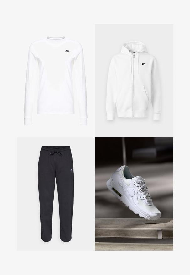 Hvid lynlåshættejakke lavet af blødt bomuldsblend. Har et sort Nike-logo, forlommer og justerbar snøre i hætten. Glat tekstur.; Hvid langærmet T-shirt lavet af bomuld, med et lille sort Nike-logo på venstre bryst og en rund halsudskæring. Glat tekstur.; Sorte sweatpants lavet af blødt stof med elastisk talje, snøre og et lille Nike-logo på venstre lår.; Hvide Nike Air Max 90 sneakers med en overdel i mesh og læder, perforeret tåboks og en synlig luftenhed i hælen.