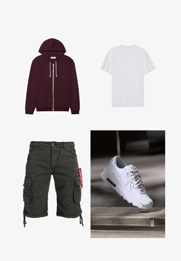 Burgunderfarbener Reißverschluss-Hoodie mit Kordelzugkapuze, Fronttaschen und gerippten Bündchen. Hergestellt aus einem weichen, strukturierten Stoff.; Weißes Baumwoll-T-Shirt mit kurzen Ärmeln, Rundhalsausschnitt und glatter Textur. Verfügt über eine minimale Markenkennzeichnung am Halsausschnitt.; Dunkelgrüne Cargo-Shorts aus strapazierfähigem Material, mit mehreren Seitentaschen, einem Kordelzugsaum und einem roten Etikettakzent.; Weiße Lederturnschuhe mit strukturierten Oberflächen, gepolstertem Kragen und sichtbarer Luftpolsterung in der Sohle. Verfügt über Schnürsenkel und ein minimalistisches Design.