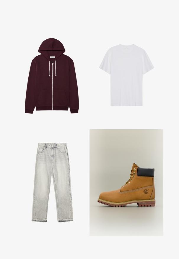Bordeaux zip-hoodie med snoretræk i hætten, frontlommer og ribbede manchetter. Lavet af et blødt, tekstureret stof.; Hvid bomulds T-shirt med korte ærmer, rund hals og en glat tekstur. Har minimal branding på halsudskæringen.; Lys grå denimjeans med en let falmet finish, lige pasform, fem-lomme design og flosset søm. Flad taljebånd med bælteløkker.; Brun læderankelstøvle med sort krave, gule snørebånd og tanfarvet sål. Har logo og hvide syninger som detalje. Robust ydersål med greb.
