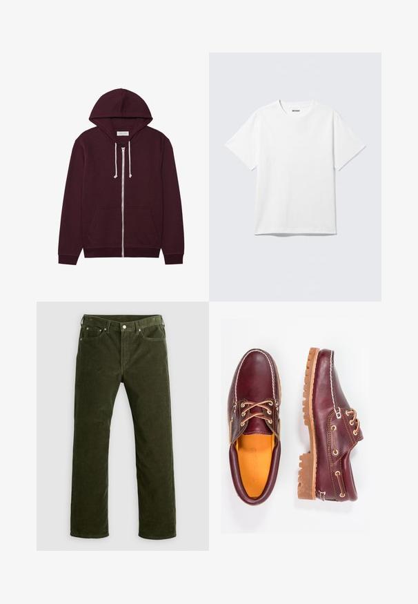 Burgundský zipový sweatshirt s kapucňou na šnúrku, prednými vreckami a rebrovanými manžetami. Vyrobený z mäkkej, štruktúrovanej tkaniny.; Biely krátky rukáv tričko s okrúhlym výstrihom, na rovine, jednoduchý dizajn, so štítkom "WEEKDAY" vo vnútri goliera na svetlom pozadí.; Olivové kordové nohavice s rovnými nohavicami, predným gombíkom, zipsom, pútkami na opasok a dizajnom s piatimi vreckami na bielom pozadí.; Bordové kožené topánky s hnedými gumovými podrážkami, okrúhlou špičkou, bielym prešívaním a zlatými kovaniami. Interiér má žlté podšívku.