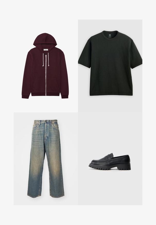 Burgundský zipový sweatshirt s kapucňou na šnúrku, prednými vreckami a rebrovanými manžetami. Vyrobený z mäkkej, štruktúrovanej tkaniny.; Čierne tričko s krátkym rukávom, kruhovým výstrihom a voľným strihom, zobrazené na svetlosivom rovnom pozadí.; Džínsy z vyblednutej modrej džínsoviny s vysokým pásom a rovnými nohavicami, s prednými vreckami a zapínaním na gombík na svetlom pozadí.; Čierne kožené mokasíny s okrúhlou špičkou, ktoré majú dekoračný pásik a masívnu gumovú podrážku s hlbokým dezénom pre lepšiu trakciu.