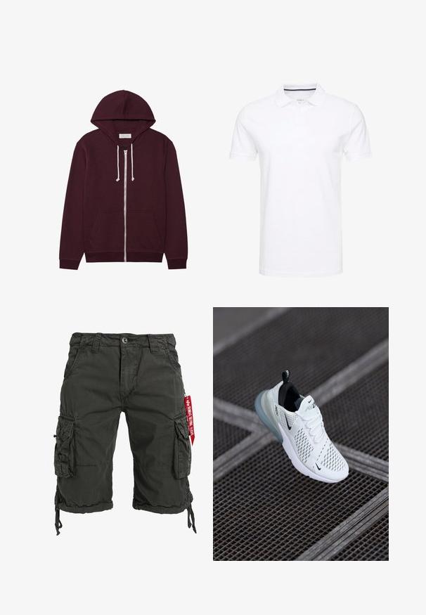 Sudadera de burdeos con cremallera y capucha ajustable, bolsillos frontales y puños acanalados. Confeccionada en una tela suave y texturizada.; Camisa polo blanca de algodón, con un cuello tradicional, mangas cortas y tapeta de tres botones con sutiles detalles en azul marino en el interior.; Bermudas cargo de color verde oscuro fabricadas con tejido resistente, que cuentan con múltiples bolsillos laterales, un dobladillo con cordón y un acento de etiqueta roja.; Zapatilla deportiva blanca con parte superior de malla perforada, acentos negros, cordones visibles y una suela de amortiguación de aire translúcida.