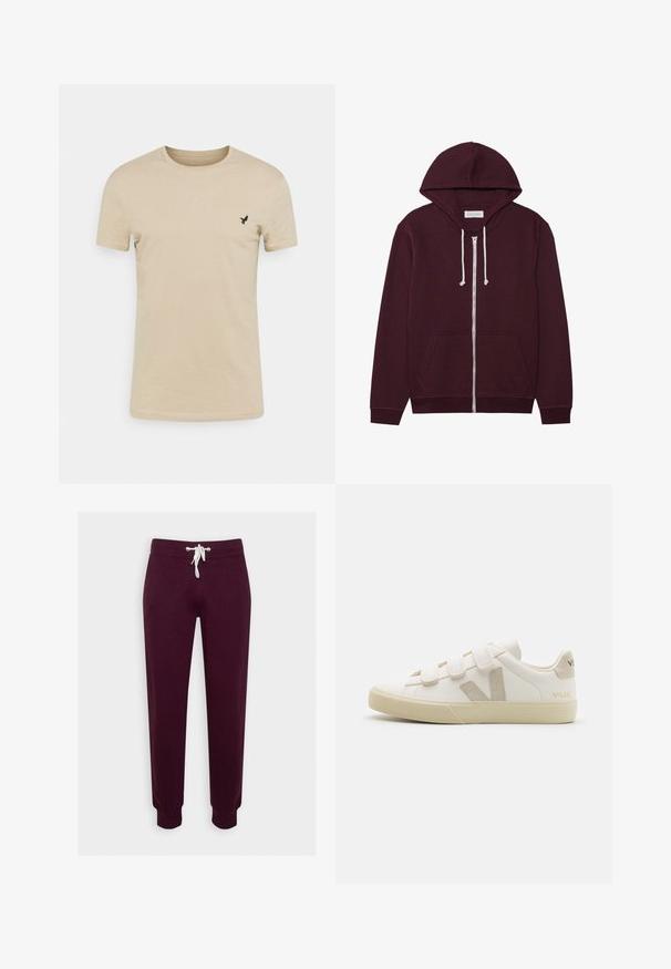 Sudadera de burdeos con cremallera y capucha ajustable, bolsillos frontales y puños acanalados. Confeccionada en una tela suave y texturizada.; Camiseta de manga corta beige hecha de tela suave, con un cuello redondo y un pequeño logo de un pájaro negro en la parte izquierda del pecho.; Pantalones de chándal burdeos hechos de un tejido suave, con una cintura elástica y cordón blanco, piernas entalladas y puños de canalé.; Zapatillas de cuero blancas con correas de Velcro, acentos beige, punta redondeada, suela de goma texturizada y logo en relieve. Diseño minimalista.