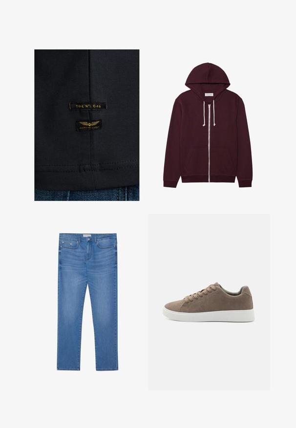 Sudadera de burdeos con cremallera y capucha ajustable, bolsillos frontales y puños acanalados. Confeccionada en una tela suave y texturizada.; Camiseta de algodón negra con una textura suave. Presenta dos etiquetas: "TIPO NO: C-46" y "CLÁSICO AMERICANO" en amarillo sobre fondo oscuro.; Jeans de mezclilla azul claro con corte recto, diseño de cinco bolsillos, un ligero desgaste y detalles en metal en la cintura y los bolsillos.; Zapatillas de ante marrón con suelas de goma blanca planas, diseño de cordones, punta redondeada y una textura suave. Estilo minimalista con sutiles detalles de costura.