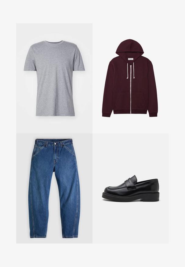 Bordeaux zip-hoodie med snoretræk i hætten, frontlommer og ribbede manchetter. Lavet af et blødt, tekstureret stof.; Grå, kortærmet t-shirt lavet af en bomuldsblanding, der har en klassisk crew neckline og en glat, blød tekstur.; Blå denimjeans med afslappet pasform, med knaplukning, fem lommer og kontrasterende orange syninger. Glat tekstur over det hele.; Sorte læder loafers med en rund tå, dekorativ forkantssyning og en tyk gummisål. Glat tekstur med en poleret finish.