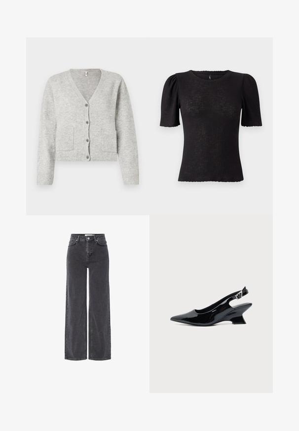 Lichtgrijze gebreide cardigan met V-hals, lange mouwen, vier knopen aan de voorkant, geribde boorden en zoom, en twee voorzakken.; Zwart geribd topje met korte pofmouwen, ronde halslijn, gestructureerde stof en een getand randje bij de mouwopeningen.; Hoge taille zwarte denim jeans met brede pijpen, met een knoopsluiting, riemlussen en subtiele vervaging langs de stof.; Zwarte lakleren slingback schoen met spitse neus en lage schuine blokhak op een effen lichte achtergrond.