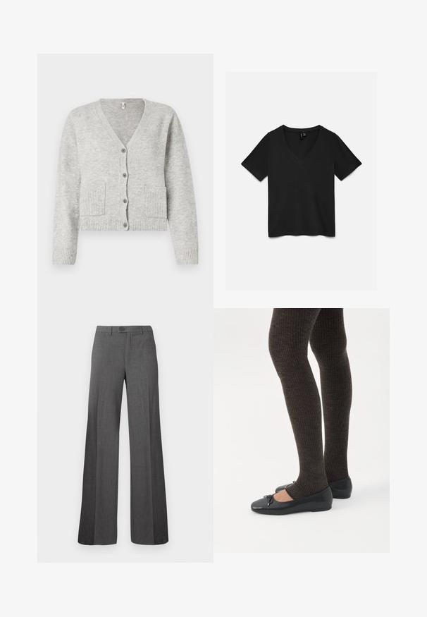 Hellgraue gestrickte Strickjacke mit V-Ausschnitt, langen Ärmeln, vier vorderen Knöpfen, gerippten Bündchen und Saum sowie zwei vorderen Taschen.; Schwarzes T-Shirt mit kurzem V-Ausschnitt, flach ausgelegt, Vorderseite mit einfachem Design ohne sichtbare Muster oder Logos.; Graue Hose mit weitem Bein, Knopf- und Reißverschluss, flacher Vorderseite und Gürtelschlaufen, auf schlichtem hellem Hintergrund dargestellt.; Beine in dunklen, gerippten Leggings kombiniert mit schwarzen Ballerinas mit kleinen Schleifendetails auf weißem Hintergrund.