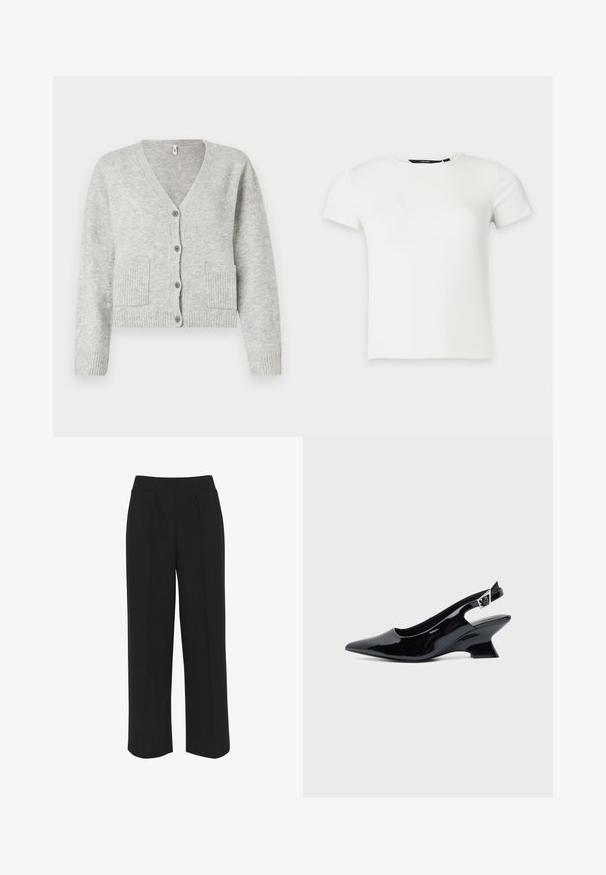 Lysegrå strikket cardigan med V-hals, lange ærmer, fire forreste knapper, ribstrikkede manchetter og kant samt to forlommer.; Hvid kortærmet ribstrikket t-shirt med rund halsudskæring, vist på en ensartet lys grå baggrund.; Sorte bukser med bredde ben og flad talje, med forreste folder og en glat tekstur. Ingen synlige lommer eller metaldele.; Sort laklæder slingback sko med spids tå og lav vinklet blokhæl på ensartet lys baggrund.