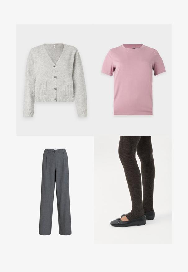 Lichtgrijze gebreide cardigan met V-hals, lange mouwen, vier knopen aan de voorkant, geribde boorden en zoom, en twee voorzakken.; Effen zachtroze katoenen T-shirt met korte mouwen en ronde halslijn, weergegeven op een vlakke lichtgrijze achtergrond.; Grijze op maat gemaakte broek met hoge taille, voorplooien, riemlussen, knoopsluiting en rechte wijde pijpen.; Benen met donkere geribbelde leggings gecombineerd met zwarte ballerina's met kleine strikdetails op een witte achtergrond.