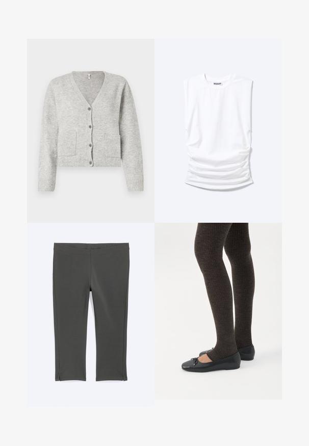 Light gray knitted cardigan with V-neck, long sleeves, four front buttons, ribbed cuffs and hem, and two front pockets.; White sleeveless crew neck t-shirt with padded shoulders and ruched sides laid flat on light background.; Dark gray cropped leggings with a wide waistband and small side slits at the hem, laid flat on a light background.; Legs wearing dark ribbed leggings paired with black ballet flats featuring small bow details on a white background.