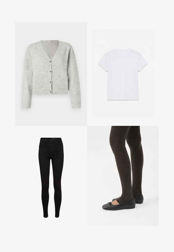 Lysegrå strikket cardigan med V-hals, lange ærmer, fire forreste knapper, ribstrikkede manchetter og kant samt to forlommer.; Hvid kortærmet t-shirt i bomuld med rund hals, lagt fladt på en hvid baggrund.; Sorte skinny jeans i denim med høj talje, fem lommer, bæltestropper og subtile syninger. Glat tekstur, tætsiddende pasform.; Ben iført mørke ribbede leggings kombineret med sorte balletsko med små sløjfedetaljer på hvid baggrund.