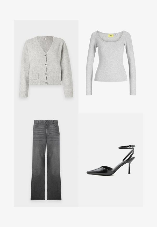Cardigan tricoté gris clair avec encolure en V, manches longues, quatre boutons sur le devant, poignets et ourlet côtelés, et deux poches avant.; Haut gris clair à manches longues, ajusté, avec un large col en forme de scoop et une étiquette de marque jaune "JJXX" cousue à l'intérieur du col.; Jean en denim gris à jambes larges avec un lavage moyen, présentant un design à cinq poches, une fermeture à bouton sur le devant et des détails de couture subtils.; Escarpin noir à bout pointu avec fines brides de cheville et fermeture à boucle argentée sur fond clair uni.