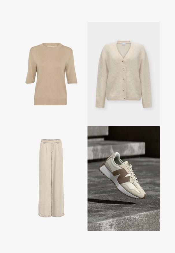 Beige zacht gestructureerde cardigan met V-hals, lange mouwen en vijf bijpassende knopen aan de voorkant, weergegeven op een effen achtergrond.; Culture CUEBBA ANNEMETTE - Trui - tannin; Beige, wijde broek met hoge taille, riemlussen, deatails van een voorsplit en zonder zichtbare zakken, gemaakt van een zachte stof.; Lichtbeige en bruine sneaker met een dikke witte zool, zwevend boven een gestructureerd betonnen oppervlak en trappen in zacht licht.
