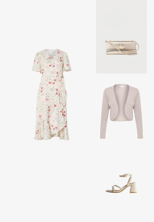 Beige cropped cardigan met lange mouwen, open voorkant ontwerp, geribbeld textuur en zachte stof. Geen sluitingen of patronen zichtbaar.; Crèmekleurige wikkeljurk met roze en rode bloemenprint, korte volantmouwen, V-halslijn en gerimpelde zoom.; Beige hakken sandaal met twee gekruiste banden en een enkelsluiting. Vierkante blokhak en een gladde textuur met een semi-matte afwerking.; Rechthoekige metalen gouden clutch met een schouderriem rondom en een rechthoekige gouden draaivergrendeling op de voorslag.