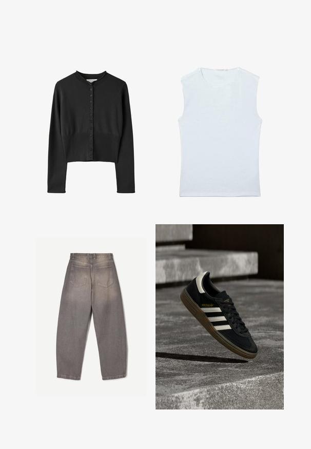 Sort langærmet cropped cardigan med rund halsudskæring og knaplukning foran, med ribdetaljer ved taljen og kanten.; Ærmeløs hvid bomulds tanktop med rund halsudskæring og et enkelt, ensfarvet design.; Grå denim-jeans vist bagfra med to baglommer, bæltestropper og et let tilspidset ben-design.; Sort Adidas-sneaker med hvide striber og gummisåler, svævende over grå betontrapper i naturligt lys.
