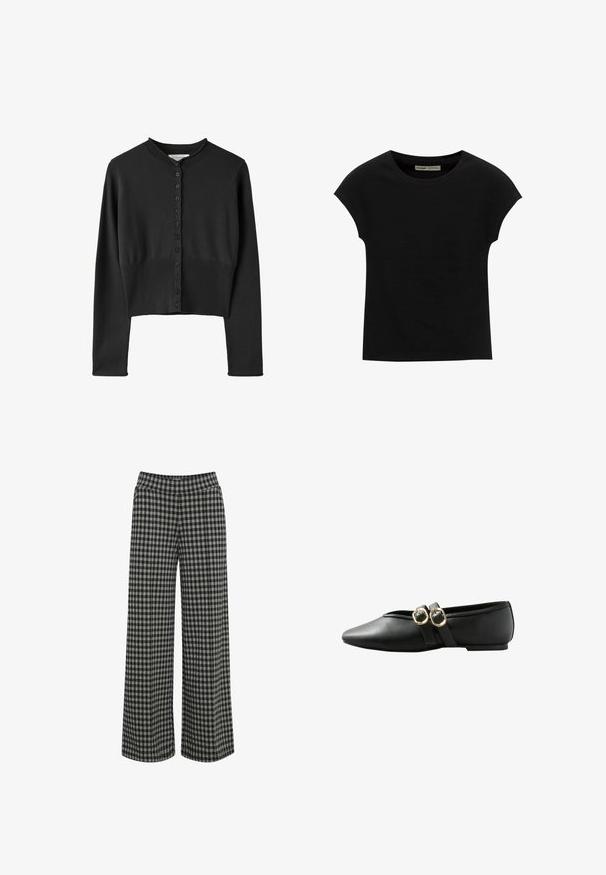 Cardigan court noir à manches longues avec encolure ronde et fermeture à boutons sur le devant, présentant des détails côtelés à la taille et à l'ourlet.; T-shirt noir à manches courtes avec un col rond. Confectionné en coton lisse et extensible. Design simple sans motifs ni graphismes.; ICHI IHKATE - Pantalon classique - vetiver; Chaussure plate noire pointue avec deux brides parallèles et boucles dorées sur le côté.