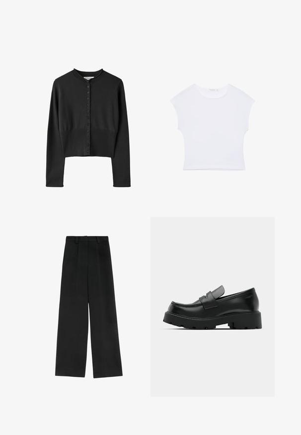 Cardigan court noir à manches longues avec encolure ronde et fermeture à boutons sur le devant, présentant des détails côtelés à la taille et à l'ourlet.; T-shirt court blanc à manches courtes avec col rond, en tissu lisse, posé à plat sur un fond blanc.; Pantalons larges noirs à taille haute, avec deux plis à l'avant, des passants de ceinture et une texture lisse. Sans poches ni matériel visible.; Mocassins en cuir noir avec une semelle épaisse et texturée, dotés d'une sangle sur le vamp et d'une finition lisse et polie.