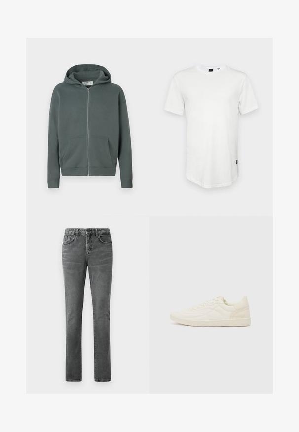 Hættezip-sweatshirt i afdæmpet mørkegrå-grøn med frontlommer og ribbede manchetter, mærket Hollister Boy Fit, størrelse medium.; Hvid kortærmet t-shirt lavet af bomuld, med rund halsudskæring og en let forlænget ryg, samt en lille logoaccent på siden.; Grå denim jeans med straight leg pasform, fem-lomme design, subtilt falmet tekstur og bæltesløjfer. Ingen synlig branding eller pynt.; ALDO THEPITCH - Sneakers - white