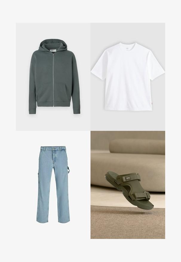 Sudadera con capucha y cremallera en un verde grisáceo apagado, con bolsillos frontales y puños acanalados, etiquetada como Hollister Boy Fit, tamaño mediano.; Camiseta blanca de manga corta hecha de algodón, con cuello redondo y corte recto. Etiqueta visible en el dobladillo lateral inferior.; Pantalones cargo de mezclilla azul claro con un corte relajado, que cuentan con lazos de sujeción laterales y bolsillos frontales, mostrando una textura desgastada.; Sandalia verde oliva de punta abierta con tiras ajustables y suela acolchada, flotando sobre una alfombra beige texturizada y un fondo de sofá a juego.