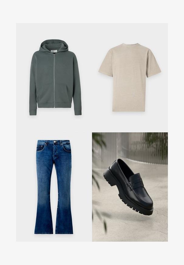 Hættezip-sweatshirt i afdæmpet mørkegrå-grøn med frontlommer og ribbede manchetter, mærket Hollister Boy Fit, størrelse medium.; Kortærmet T-shirt i lys beige med rund hals, lavet af blødt stof, med en glat tekstur og et enkelt design uden grafik.; Udsvingede blå denim jeans med en mellemwash, der har fem lommer, en knaplukning og synlig syning. Glat tekstur med let falmning.; Sorte læder loafers med en chunky sål, der har en dekorativ rem og syninger. Glat tekstur med en poleret overflade.