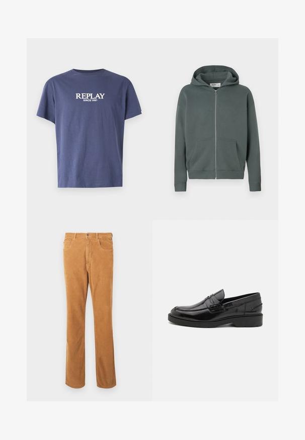 Vetoketjullinen huppari hillityssä tumman harmaavihreässä sävyssä, edessä taskut ja ribbaatut hihansuut. Merkitty Hollister Boy Fit, keskikoko.; Tummansininen puuvillapaita, jossa on pyöreä kaula-aukko, lyhyet hihat ja edessä valkoisella painettu teksti "REPLAY SINCE 1981". Yksinkertainen muotoilu, ei kuvioita.; Vaaleanruskeat corduroy-housut, joissa on klassinen viiden taskun muotoilu ja nappikiinnitys, asetettuna tasaisesti valkoista taustaa vasten.; Mustat nahkakengät, joissa on sileä pinta, pyöristetty kärki, matala korko ja koristeommel etupuolella. Kumiulkopohja pitoa varten.