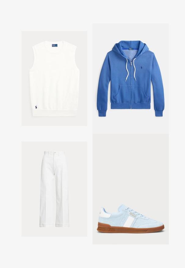 Blauer Kapuzenpullover mit Reißverschluss aus einer Baumwollmischung, innen weich gefüttert. Verfügt über eine Fronttasche, weiße Kordeln und ein gesticktes Logodetail.; Weißes ärmelloses Oberteil aus weichem Stoff, mit gerippter Halslinie und Saum. Kleines dunkelblaues Logo unten links eingestickt.; Weiße, weit geschnittene Baumwollhose mit hoher Taille, Knopfverschluss und dezenten Bügelfalten vorne.; Hellblaue Wildleder-Sneaker mit einem weißen Streifen, Gummisohle und Logodetail. Flache Schnürsenkel und gepolsterte Zunge sorgen für zusätzlichen Komfort.